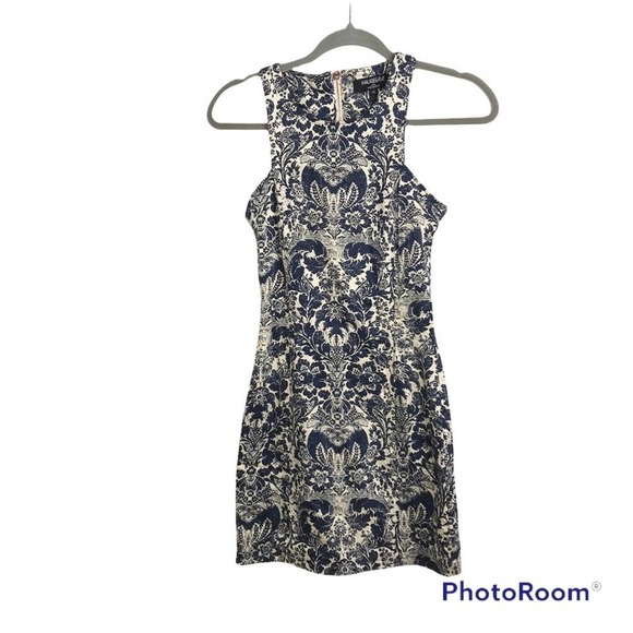 Maurice & Eve for Scoop blue and cream all over damask floral print dress XS - Picture 1 of 6